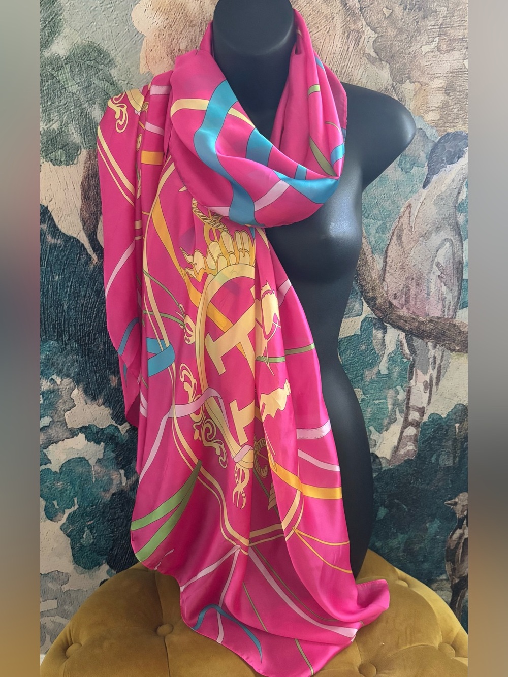 Hermes Fuchsia Silk Scarf with Multicolor Heraldic Motif